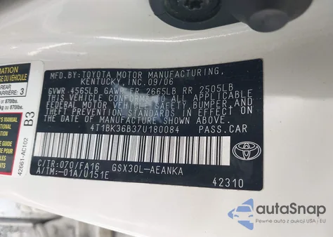 2007 Toyota Avalon Xl из США, поврежденный, VIN 4T1BK36B37U180084